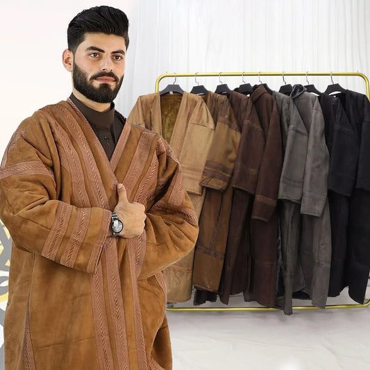 The Winter Bisht – Men's Fur-Lined Suede Robe with Warm Fleece Coat