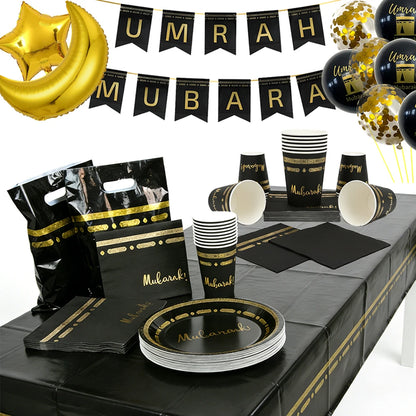 Eid Mubarak Ramadan Kareem Party Black Gold Paper Plates Cup Napkins Mubarak Umrah Banner for Islamic Muslim Festival Decoration