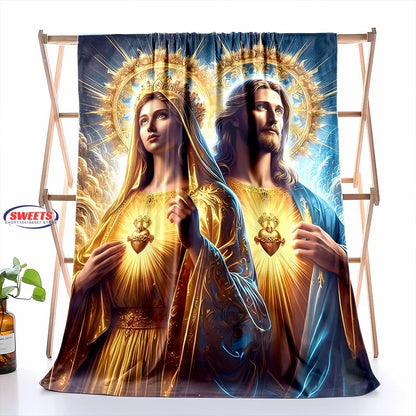 6 Size Merciful Virgin Mary Flannel Art Blanket, Home Sofa Office Nap Blanket for Four Seasons, Machine Washable Flannel Blanket