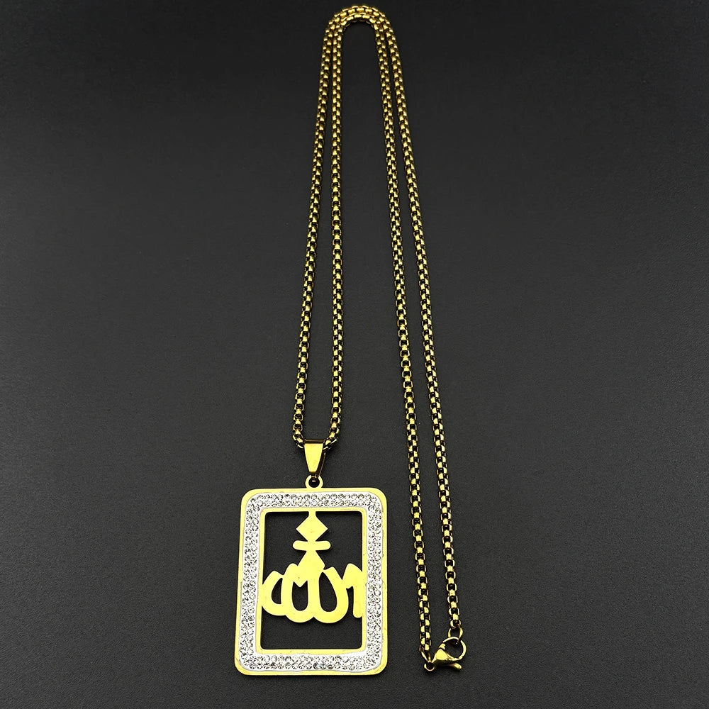 Islamic Arab Allah God Name Pendant Necklace for Men Women Stainless Steel Gold Color Rhinestones Muslim Chain Amulet Jewelry
