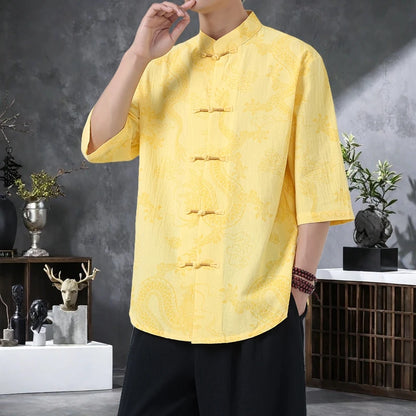 Men's Lightweight Printed Shirt Summer Chinese Style Mandarin Collar Casual Top with Frog Buttons Oriental Design