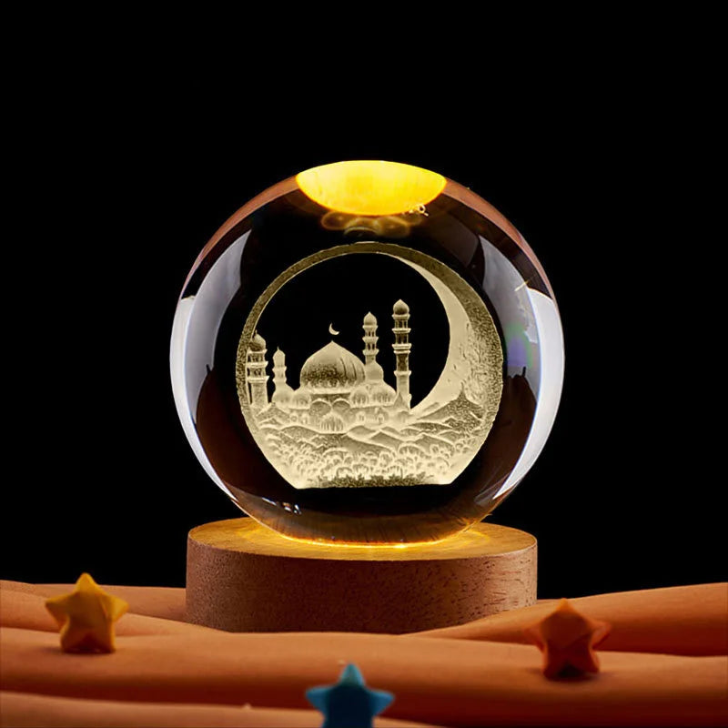 Ramadan Decoration 3D Crystall Ball Night Light Mosque Castle Moon Glowing Ornament Muslim Islam Party Decor Ramadan Kareem Gift