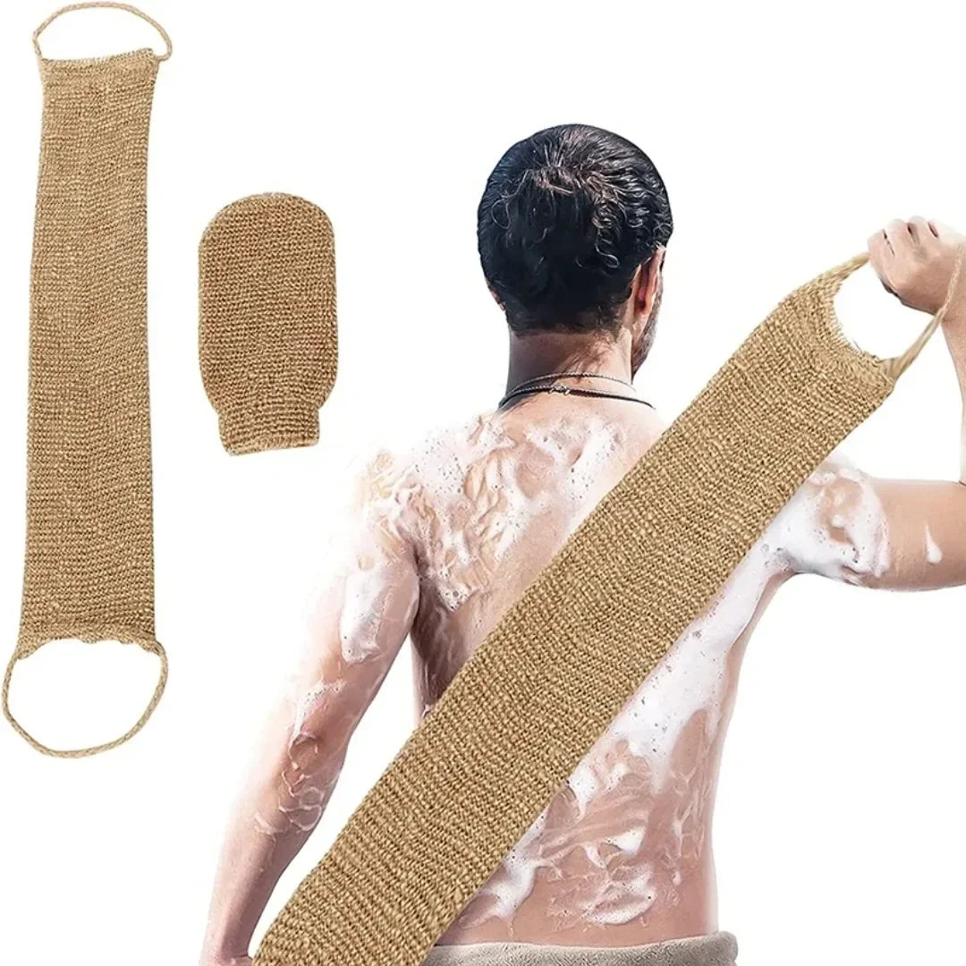 Hemp Back Scrubber Bath Towel Jute Exfoliating Loofah Back Strap with Gloves for Shower Bath Body Cleaning Kit for Bath Supplies