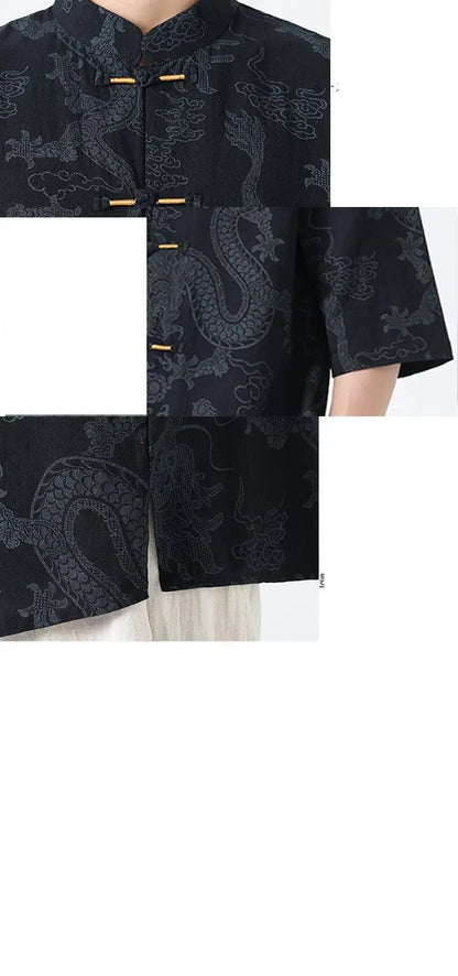 Men's Lightweight Printed Shirt Summer Chinese Style Mandarin Collar Casual Top with Frog Buttons Oriental Design