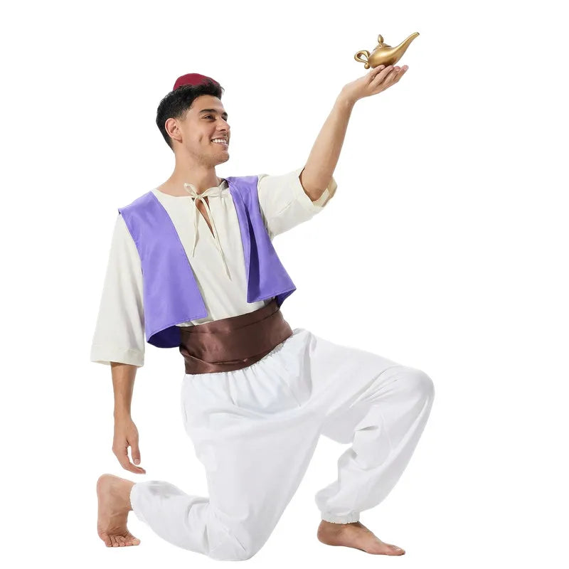 Men's Aladdin Prince Costume Fantasy Movie Character Outfit Halloween Cosplay Set  Hat Magic Lamp Prop Party Performance Costume
