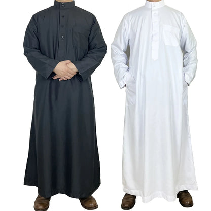 Polyester men's long robe, Qatar style stand collar robe, pocket design, Arabian and Middle Eastern men's clothing, available in