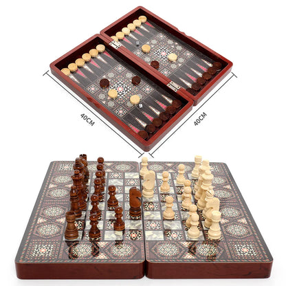 40cm Large 3-in-1 Wooden Chess & Checkers & Backgammon Set, Foldable Board for Family Travel