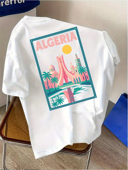 Casual vacation clothes! Men's fashion T-shirt with "ALGERIA" printed round-neck T-shirt fashion short-sleeved