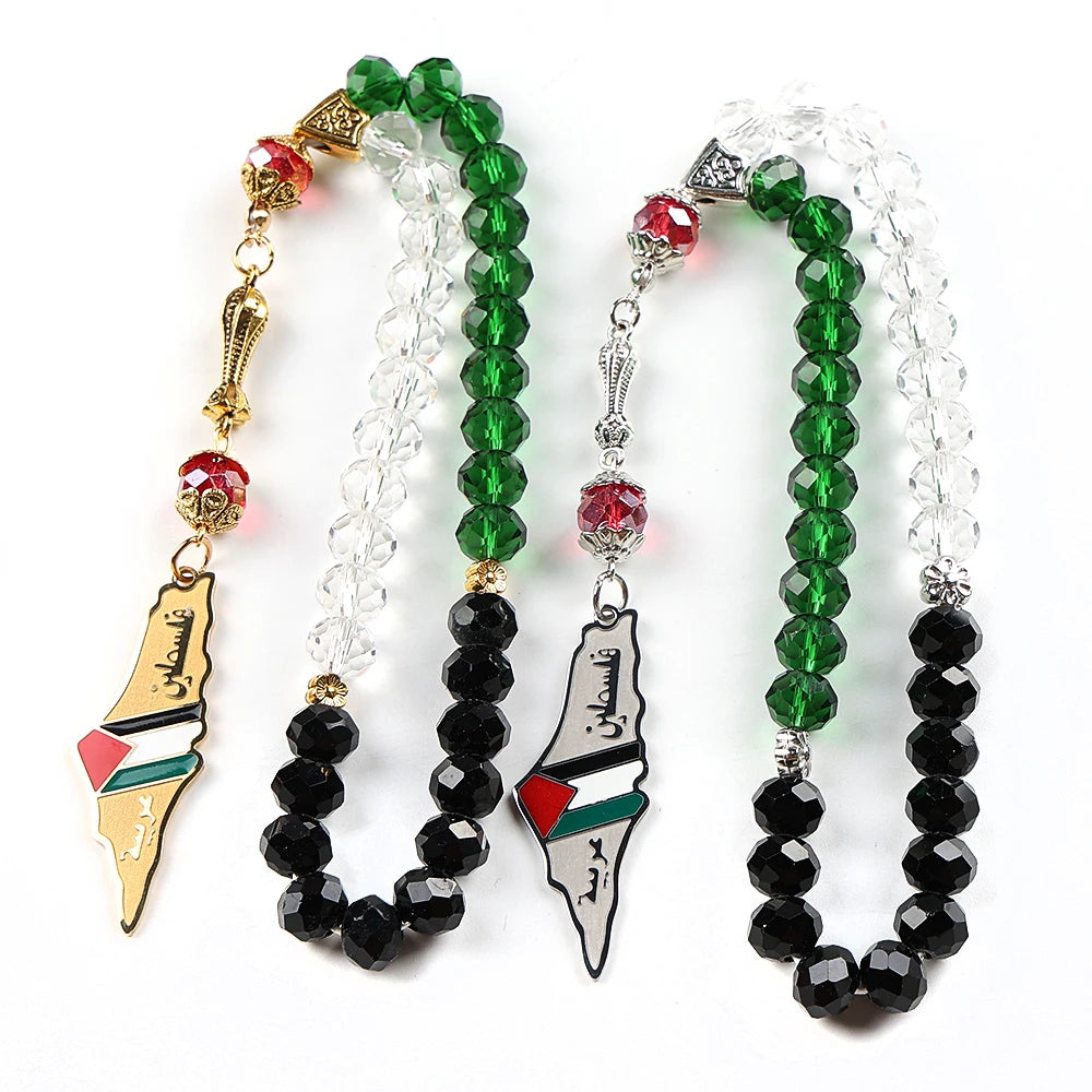 Palestine Map Flag Arabic Letter Car Pendant for Women Men Stainless Steel Silver Color Country Colorful Prayer Beads Jewelry