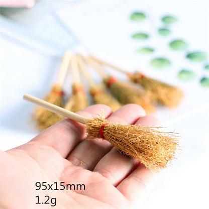 10Pcs Halloween Party Photo Props Mini Witch Hat Mini Broom Miniature Straw Brooms Plastic Witch Hats and Brooms for Halloween