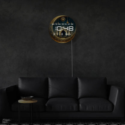 Gold Crescent Moon LED Digital Wall Clock with Timer Date Temperature Islamic Mosque Eid Mubarak Home Decor Electric Wall Clock
