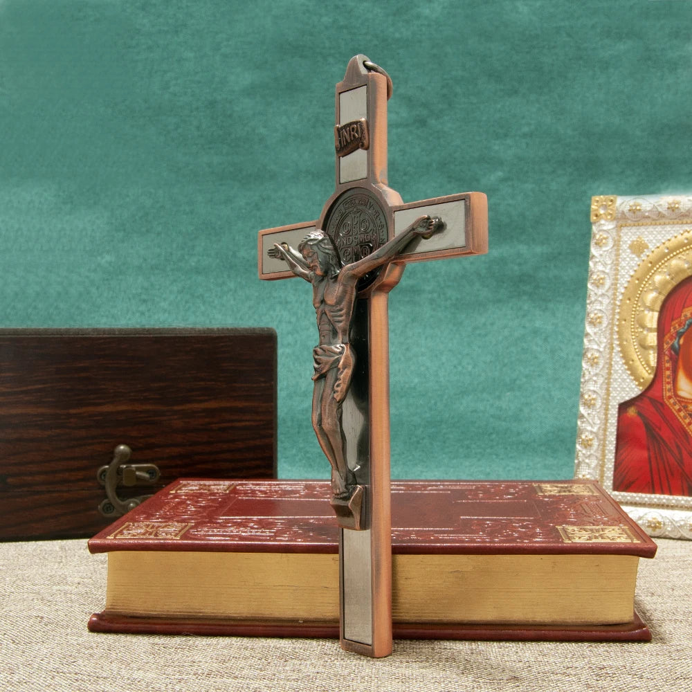 HTISOK Catholic Cross Zinc Alloy Crucifix with St. Benedict Medal & INRI, 6.9" Gift-Boxed Religious Wall Decor for Home Altar