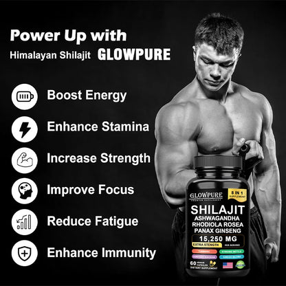 Shilajit 8-in-1 Supplement with Ginseng & Ashwagandha Supports Brain Memory Energy Immunity Focus Vitality 30/60 Capsules