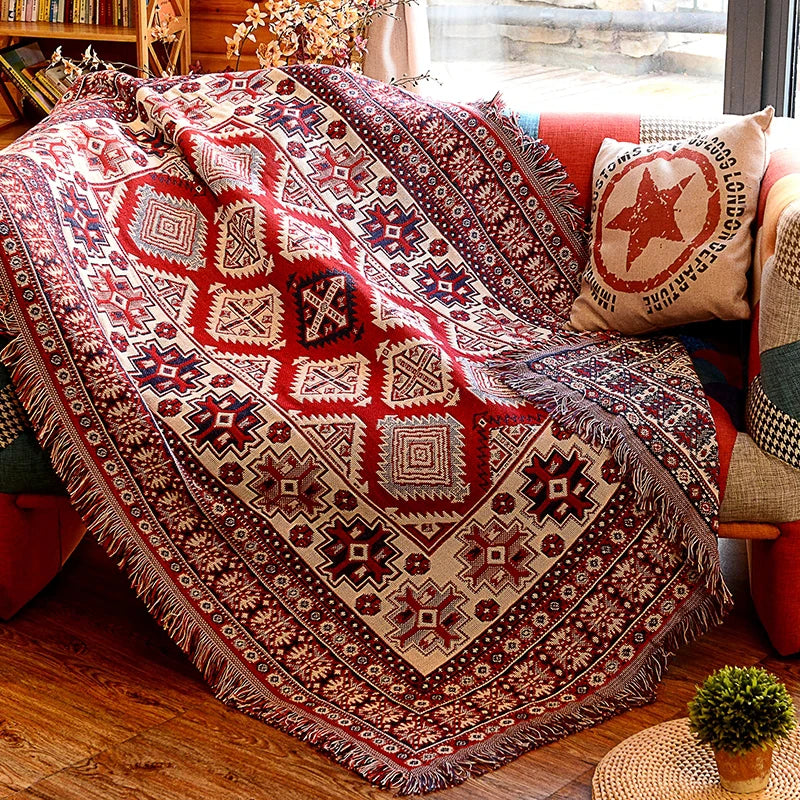 Retro Plaid Winter Cotton Linen Woven Line Blanket Sofa Towel Knit Thickened Warm Pad Mat Bohemian Boho Throw Travel Bedspread