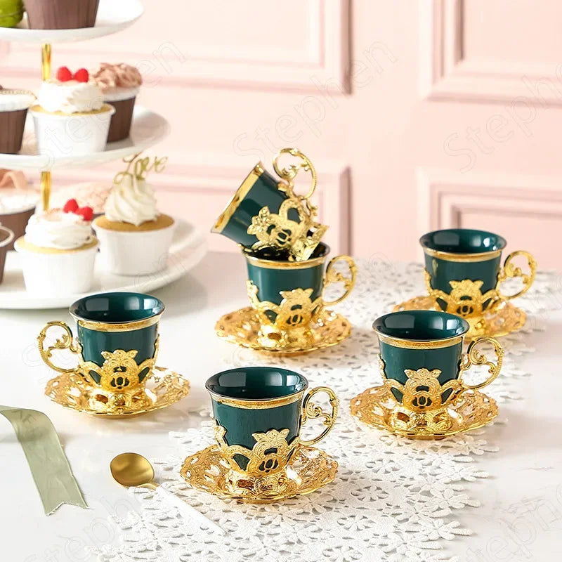 Golden Border Turkish Coffee Cups – Ceramic Cup & Saucer Set, Classic Afternoon Tea