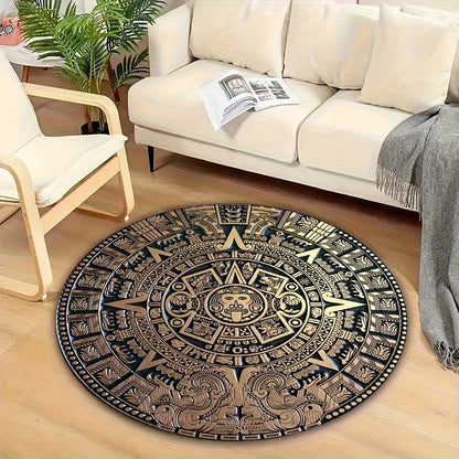 Retro Aztec Sun Calendar Round Rug Mayan Culture 3D Print Non-slip Floor Mat for Living Room Bedroom Mystical Home Decor Carpet