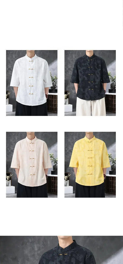 Men's Lightweight Printed Shirt Summer Chinese Style Mandarin Collar Casual Top with Frog Buttons Oriental Design