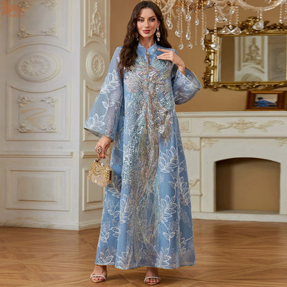 Zahraa Dubai Sequins Luxury Woman Evening Dress Mesh Embroidered Abaya V-Neck Caftan Marocain Femme 2026