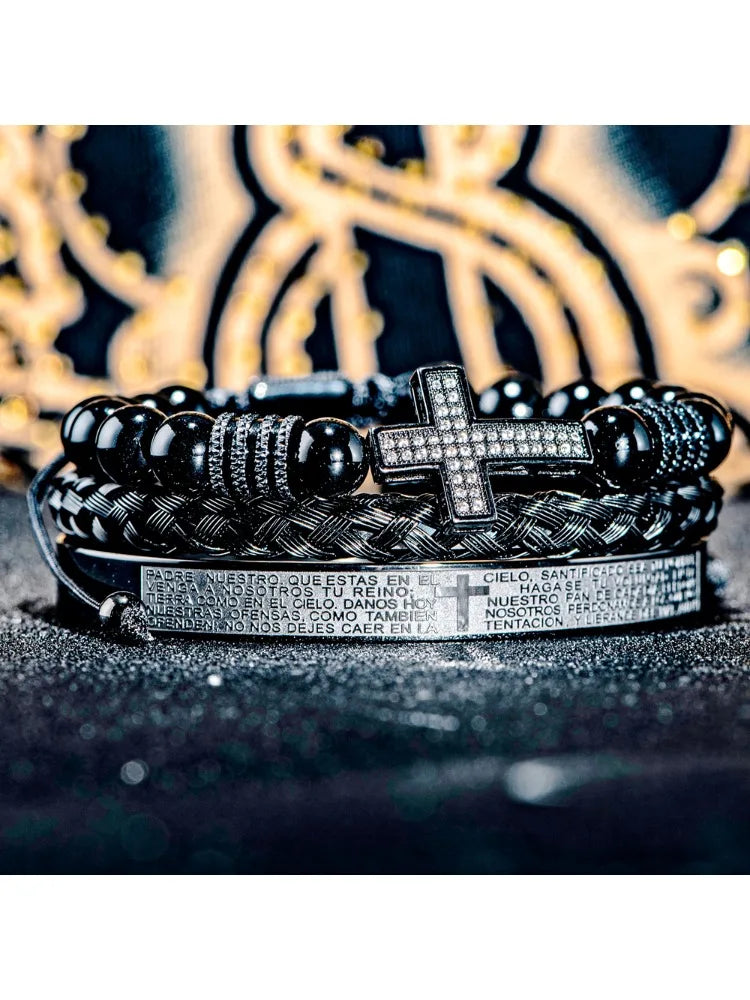 Men'S Vintage Black Onyx Beaded Bracelet with Synthetic Zirconia Cross, Bible Verses Stainless Steel Wristband Religious Jewelry