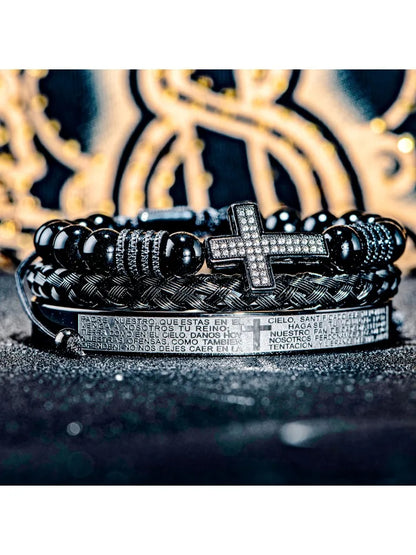 Men'S Vintage Black Onyx Beaded Bracelet with Synthetic Zirconia Cross, Bible Verses Stainless Steel Wristband Religious Jewelry