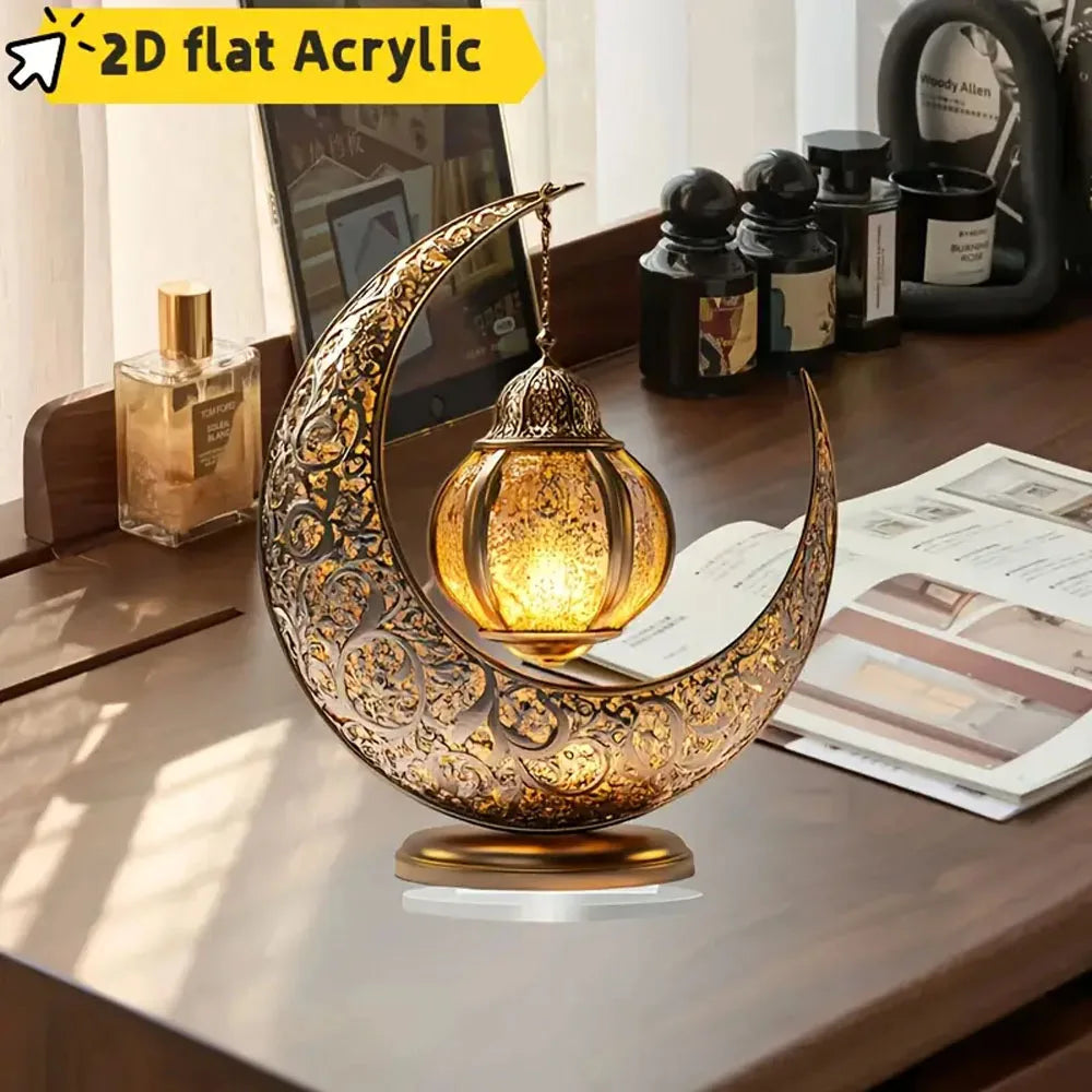 2D Flat, Elegant Acrylic Eid al-Fitr Tabletop Decoration - Classic Crescent Moon with Intricate Patterns and Glowing Ornament
