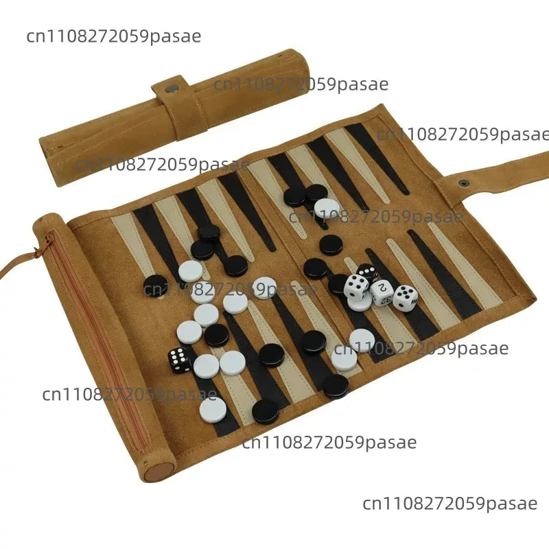 Portable Backgammon Chess Set Roll Up Storage Suede Case with Black White Pieces Travel Board Game