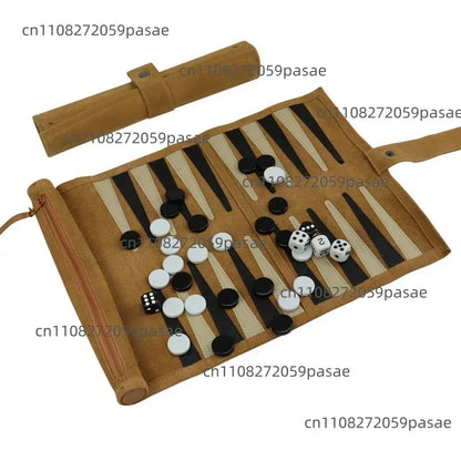 Portable Backgammon Chess Set Roll Up Storage Suede Case with Black White Pieces Travel Board Game
