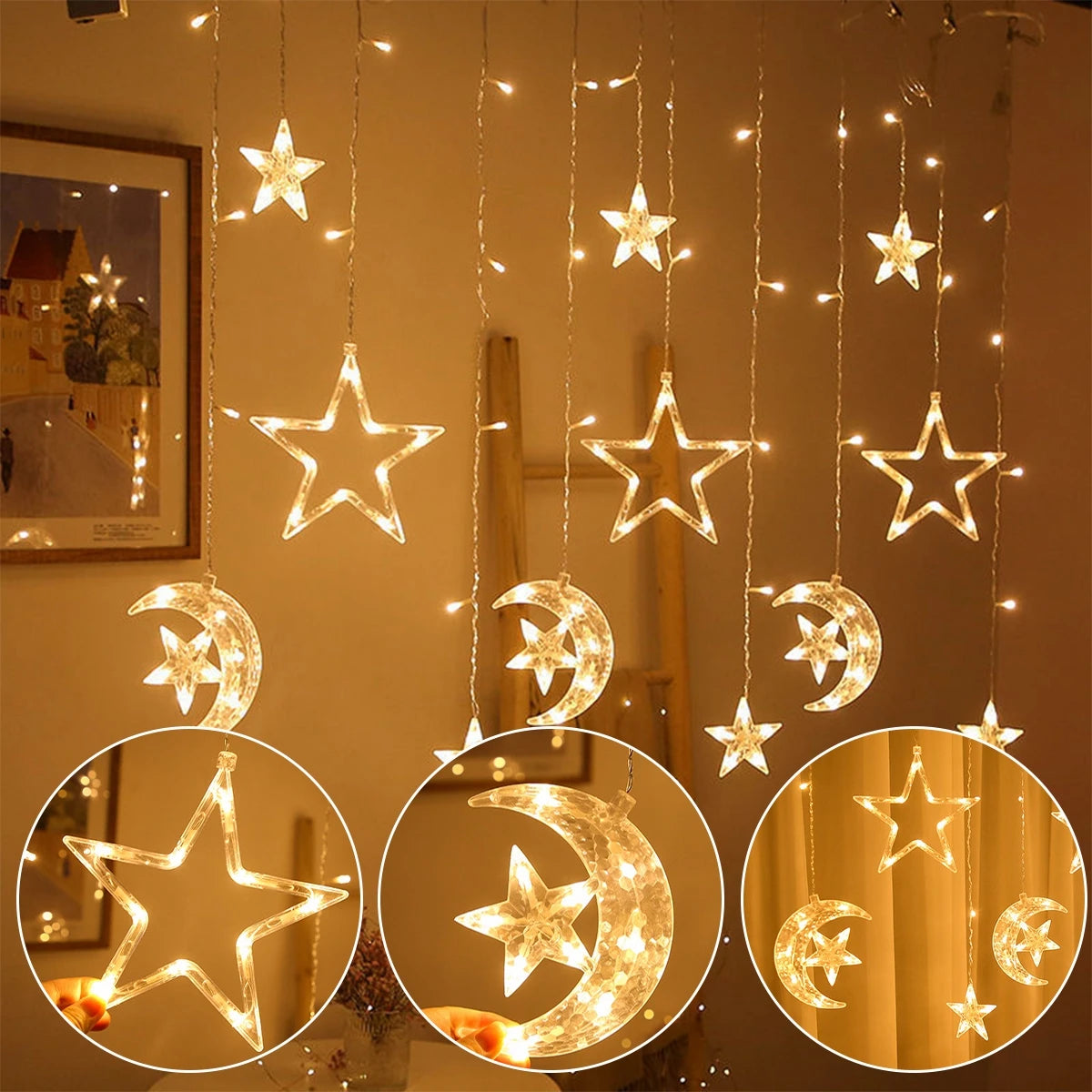 Moon Star Led Curtain Garland String Light EID Mubarak Ramadan Decorations 2025 Home Decor Islam Muslim Event Party Supplies