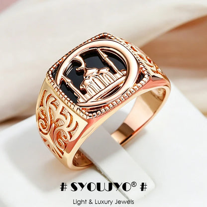 SYOUJYO Black Signet Men's Ring With 585 Rose Gold Color Castle Pattern Exquisite Carving Big Size Easy-Matching Daily Jewelry
