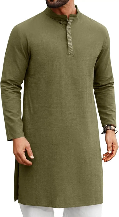 Mens Kaftan Thobe Long Sleeve Casual Henley Shirts Button Down Kurta Cotton Linen Muslim Gown Robe