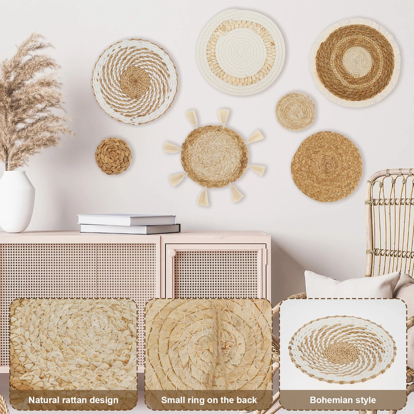 5/7Pcs Hanging Wall Basket Decor Boho Home Decorations Rattan Wall Decor Woven Rattan Seagrass Wall Decor Art Wall Hanging
