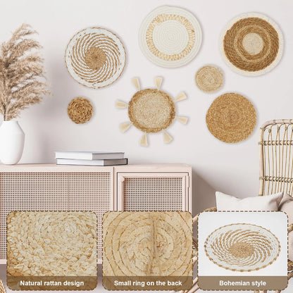 5/7Pcs Hanging Wall Basket Decor Boho Home Decorations Rattan Wall Decor Woven Rattan Seagrass Wall Decor Art Wall Hanging