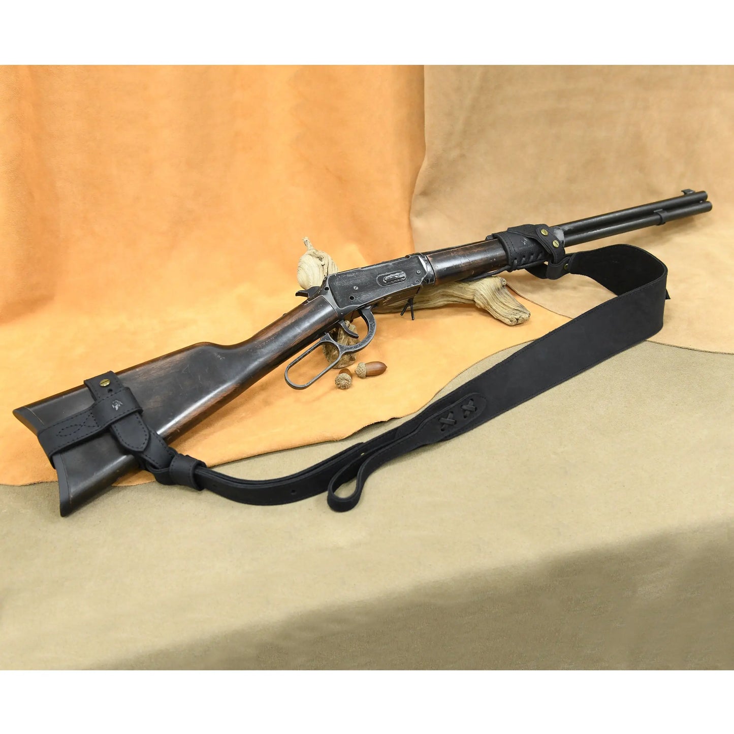 WAYNE'S DOG 1 Combo LeatherRifle Gun No Drill Harnessed Buttstock Holder with Barrel Mount with Matched Gun Sling Shoulder Strap