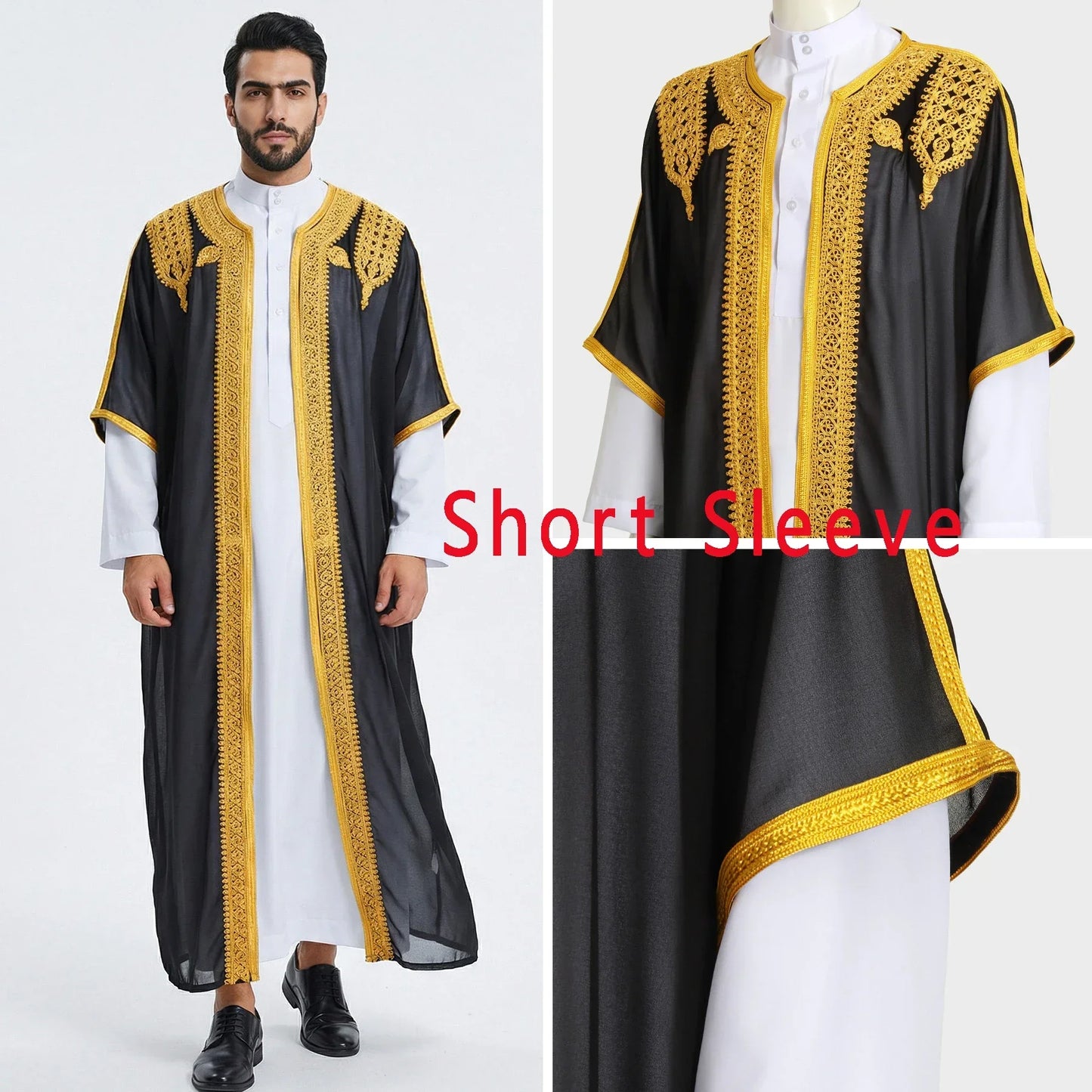 Traditional Arab Men's Robe Thobe Embroidered Dress Middle Eastern Ethnic Jubba Thobes Eid Djellaba Kimono Abaya Thoub Dishdasha
