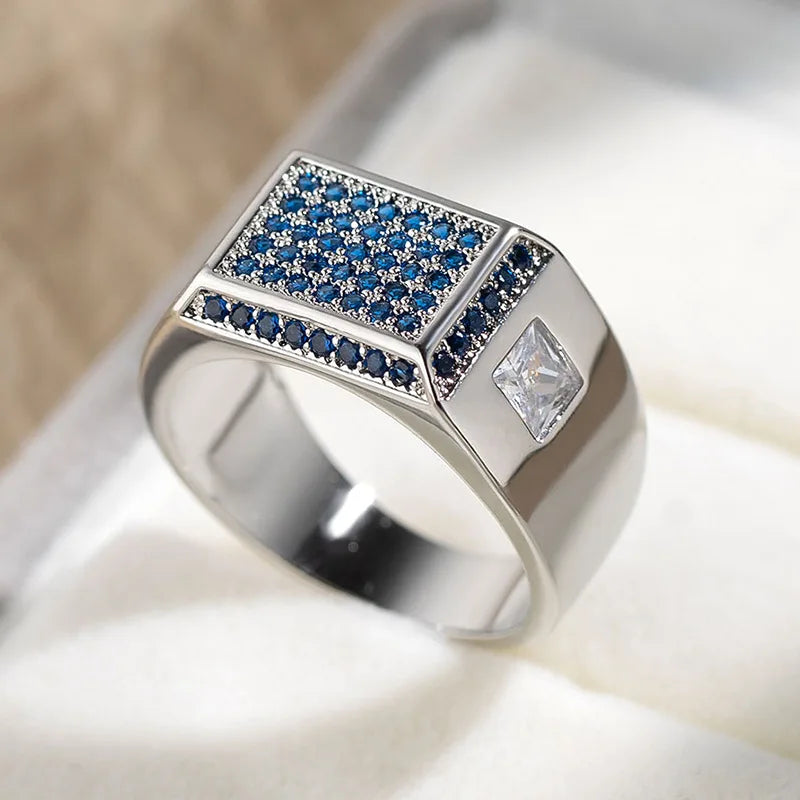 Mens Blue Red Black Heart Wide Finger Rings For Women Male Silver Color White Zircon Couple Engagement Wedding Bands Jewelry CZ