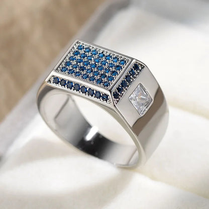 Mens Blue Red Black Heart Wide Finger Rings For Women Male Silver Color White Zircon Couple Engagement Wedding Bands Jewelry CZ