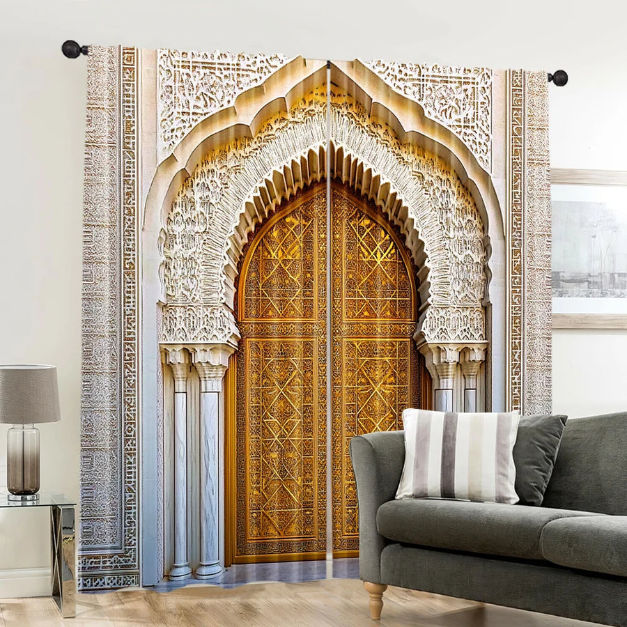 Moroccan Palace Gate Curtains – 2-Piece Spring/Summer Drape, Middle Eastern Architecture Print