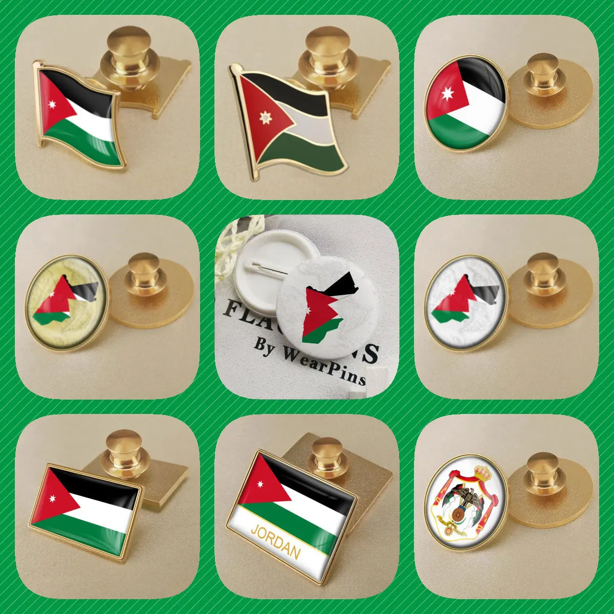 Jordan National Symbols Brooch Set – Map, Flag, Emblem & Flower Lapel Pins
