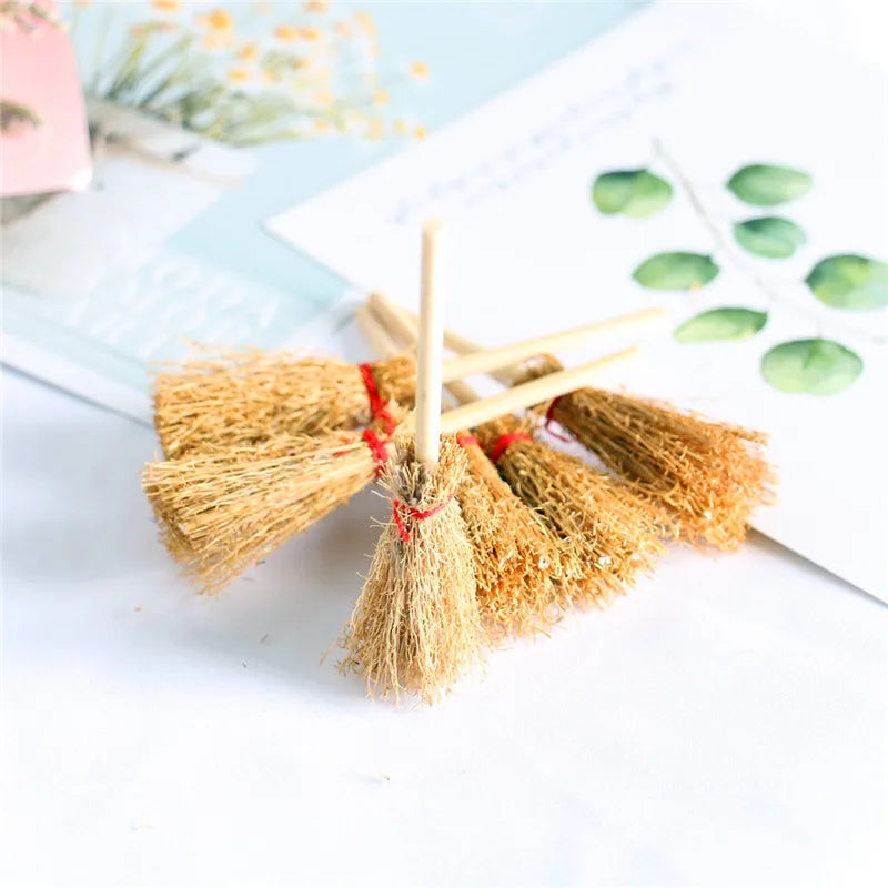 10Pcs Halloween Party Photo Props Mini Witch Hat Mini Broom Miniature Straw Brooms Plastic Witch Hats and Brooms for Halloween