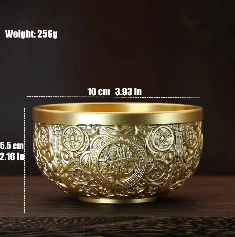 Engrave Bronze Copper Drinking Bowl Auspicious Tibetan Holy Water Milk Tea Cup Golden Buddhist 10 cm Bowl Home's Gift Decorative