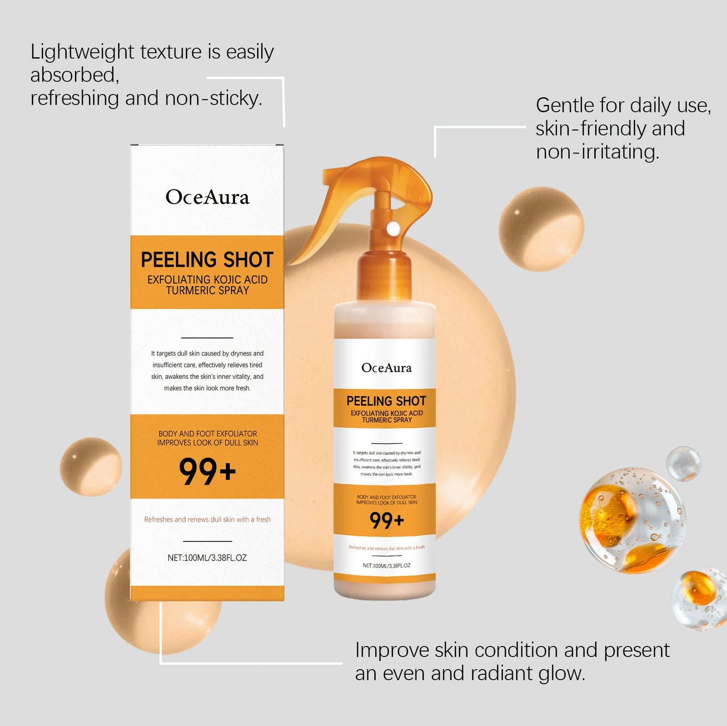 OceAura Peel Shot Kojic Acid Turmeric Spray Dead Skin Remover Smooth Body Exfoliant Improve Dullness Refreshing Hydrating Spray