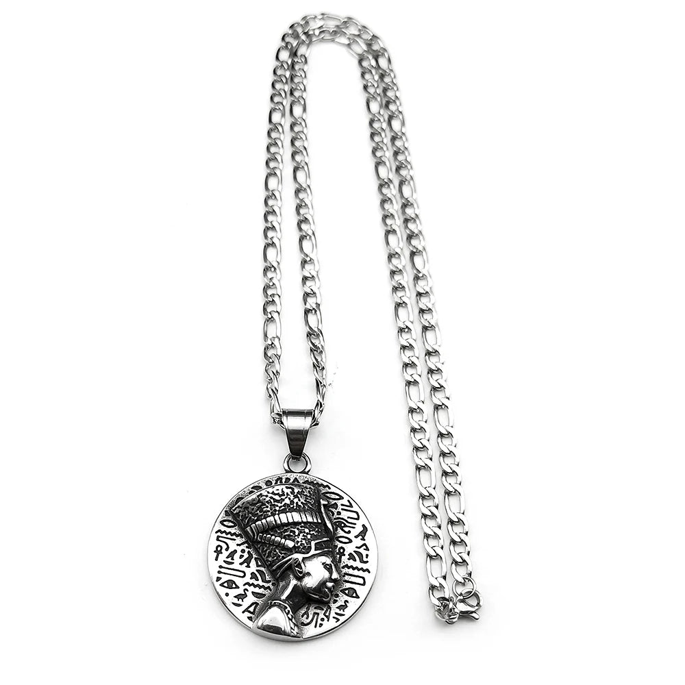 Nefertiti & Ankh Pendant – Titanium Steel Egyptian Cultural Symbol Necklace