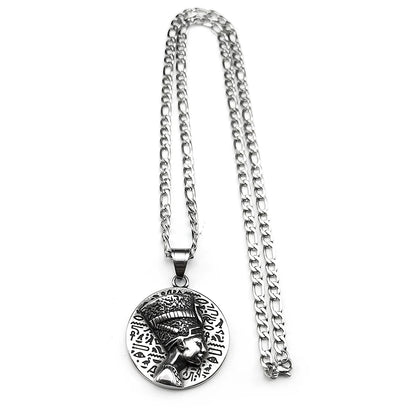 Nefertiti & Ankh Pendant – Titanium Steel Egyptian Cultural Symbol Necklace