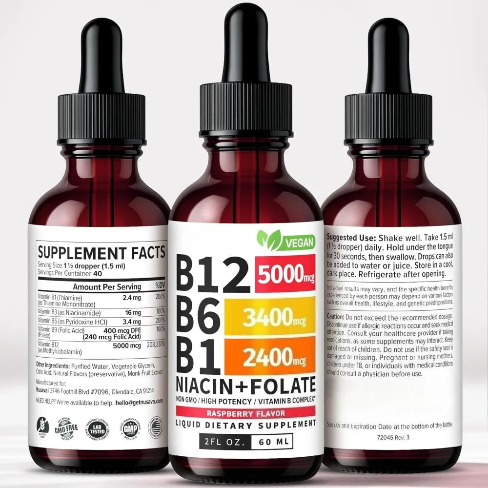 Vitamin B12 and B6 Liquid Drops, B12 Sublingual Vitamin B Complex for Energy Brain and Heart Support with 27,200 mcg Raspberry