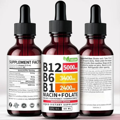 Vitamin B12 and B6 Liquid Drops, B12 Sublingual Vitamin B Complex for Energy Brain and Heart Support with 27,200 mcg Raspberry