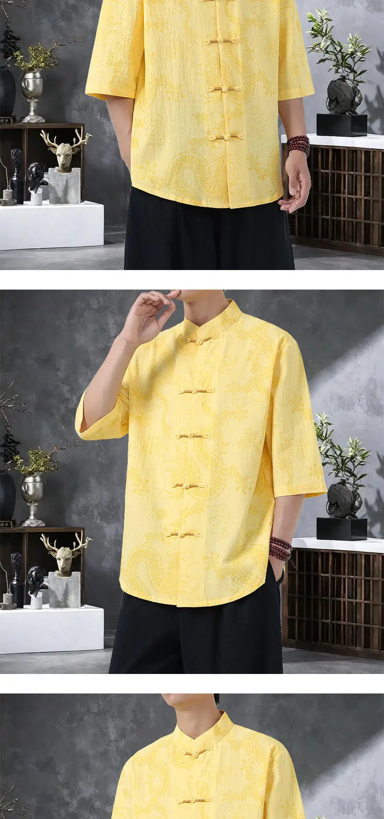 Men's Lightweight Printed Shirt Summer Chinese Style Mandarin Collar Casual Top with Frog Buttons Oriental Design