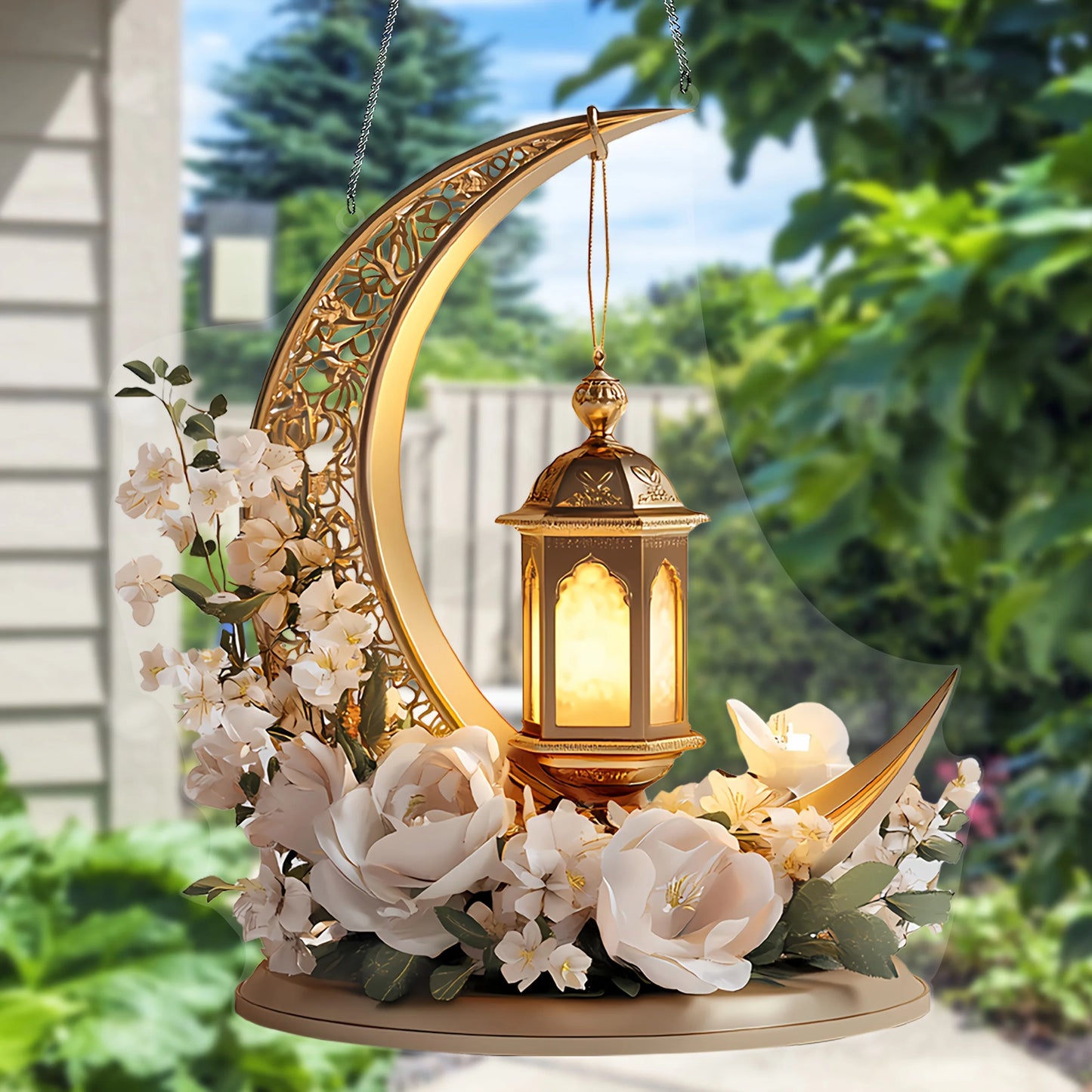 1Pcs Ramadan Golden Moon Hanging Decoration with Lighted Lantern Floral Decoration Eid Al-Fitr Islamic Style Hanging Ornament