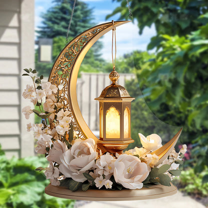 1Pcs Ramadan Golden Moon Hanging Decoration with Lighted Lantern Floral Decoration Eid Al-Fitr Islamic Style Hanging Ornament