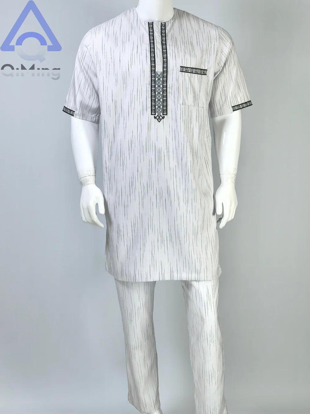QiMing Men's Cotton Muslim Wedding Clothing Two-Piece White Boubou with Embroidery And Stripe Caftan Moroccan Modest Prayerwear