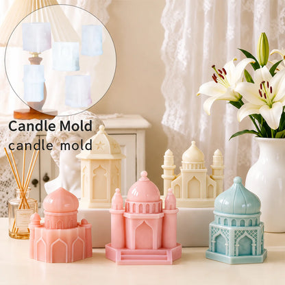 Ramadan Lantern Silicone Mold 3D Mosque Castle Candle Mold Eid Mubarak Islamic Plaster Gypsum Wax Resin Soap Making DIY Ornament